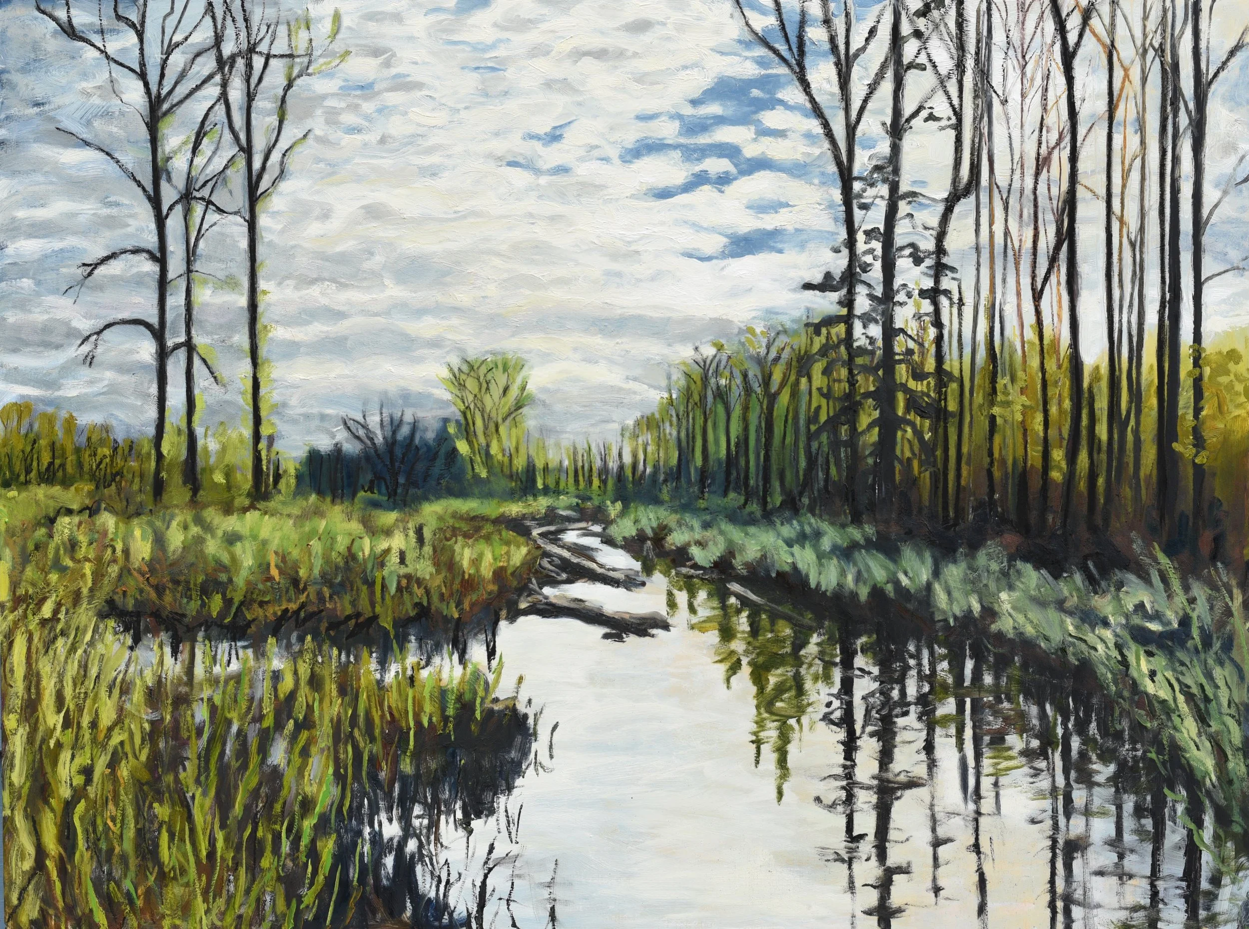 Squalicum Creek in Early Spring, 2026, oil on wood, 30" x 36"