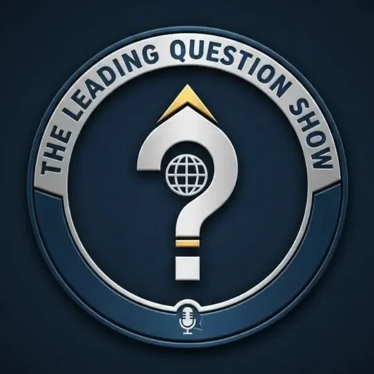 The Leading Question Show logo with large question mark, www sign, and microphone icon.