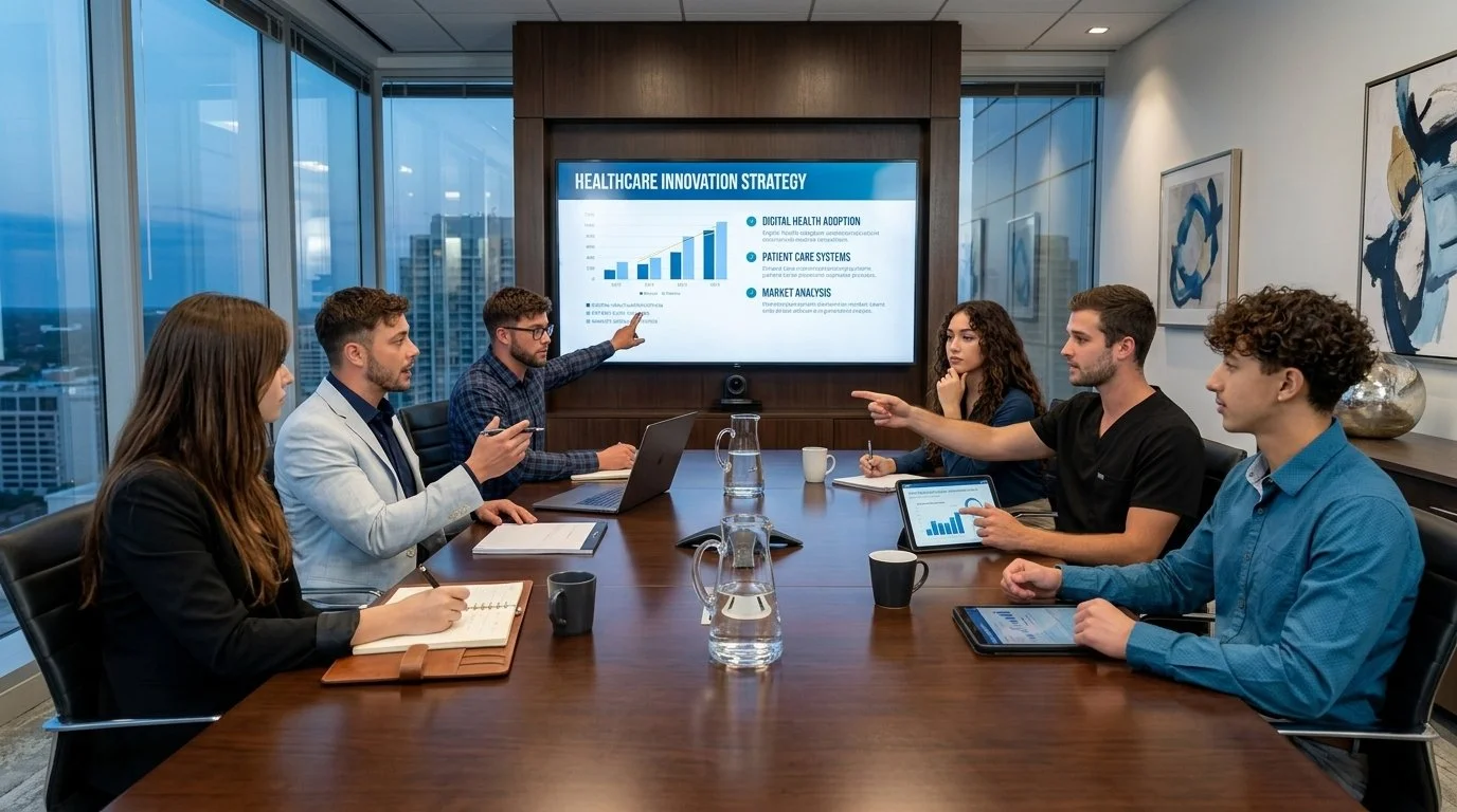 Six professionals in a modern conference room attending a presentation on healthcare innovation strategy. One person is pointing at a screen with charts and text, while others take notes and use laptops or tablets.