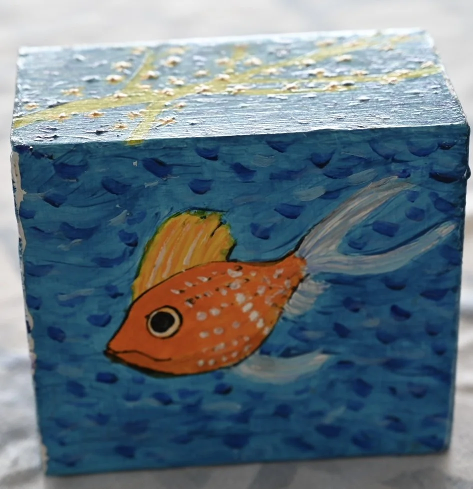 OrangeDottedFish_5x5x3.25in_MixedMediaonRepurposedBox_Bpie.jpg