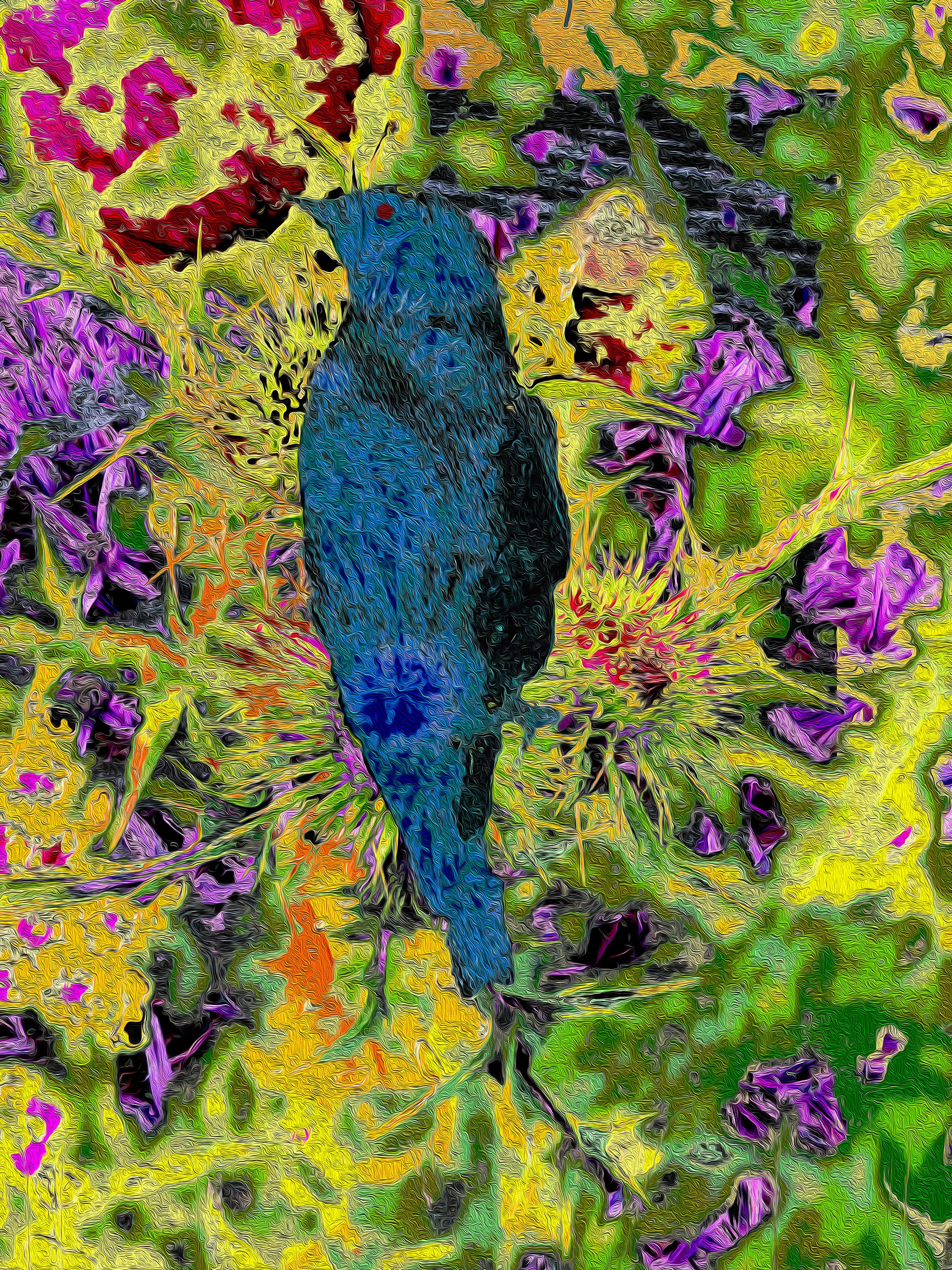 A vivid, stylized illustration of a blue bird with black markings, perched on a branch amidst a colorful, abstract background of purple, yellow, green, and orange foliage.