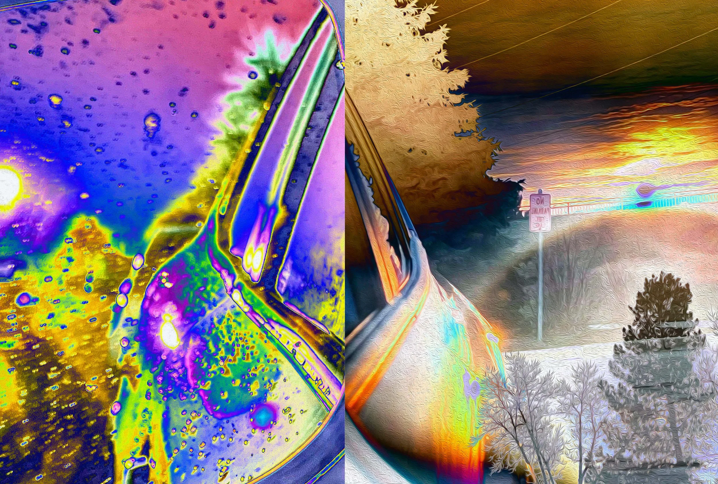 Artistic digital images of a car and a sunset over trees, with vibrant colors and textures featuring the edges of day and night/the twilight zone