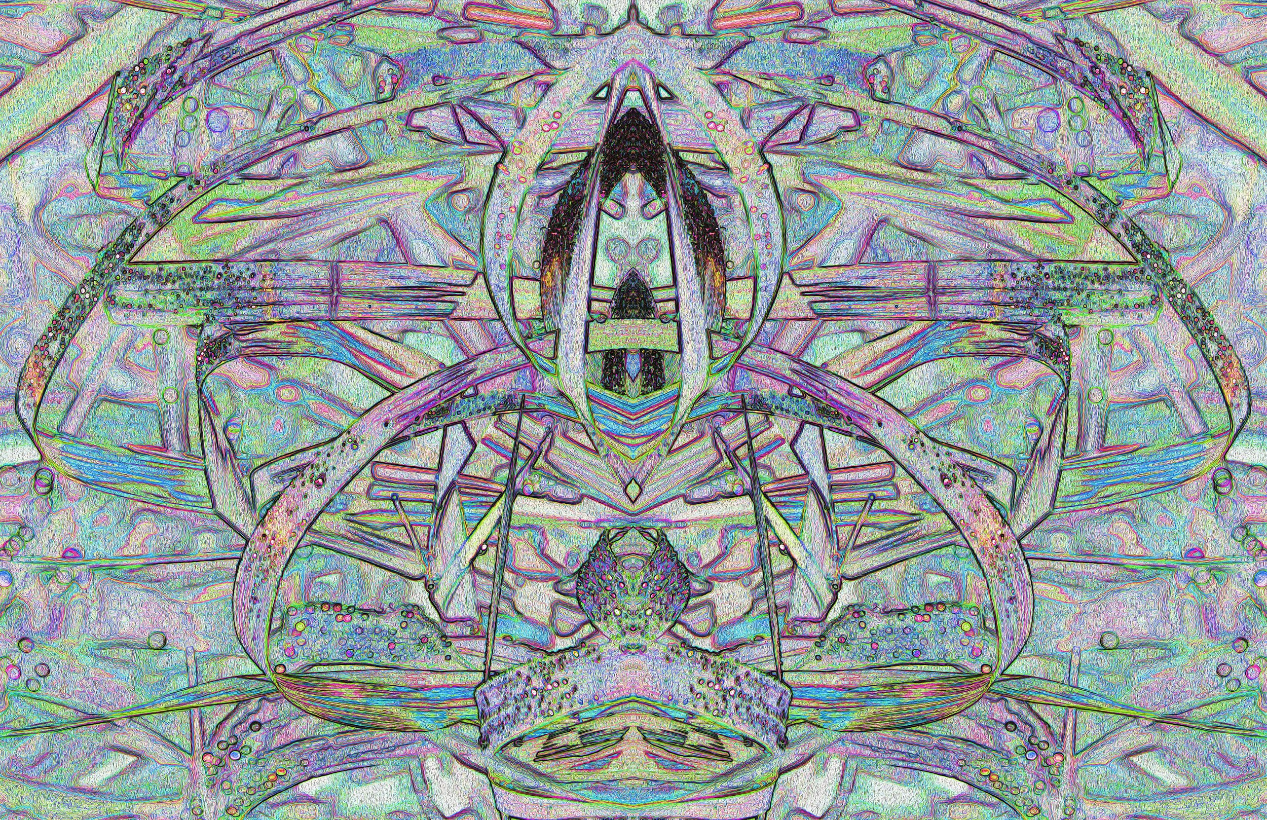 Kaleidoscopic, symmetrical, and abstract digital artwork featuring intricate, colorful lines and patterns that resemble a stylized insect or creature with multiple limbs and antennae.