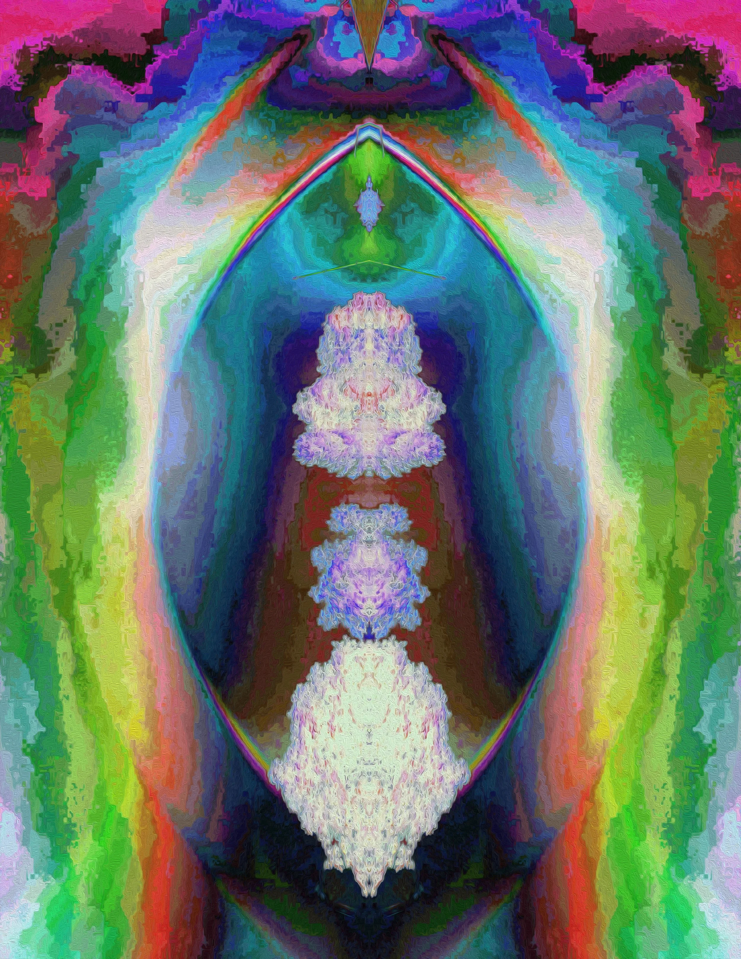 An abstract, colorful digital artwork with symmetrical patterns, featuring vibrant shades of pink, purple, blue, green, and white, creating a kaleidoscopic effect.