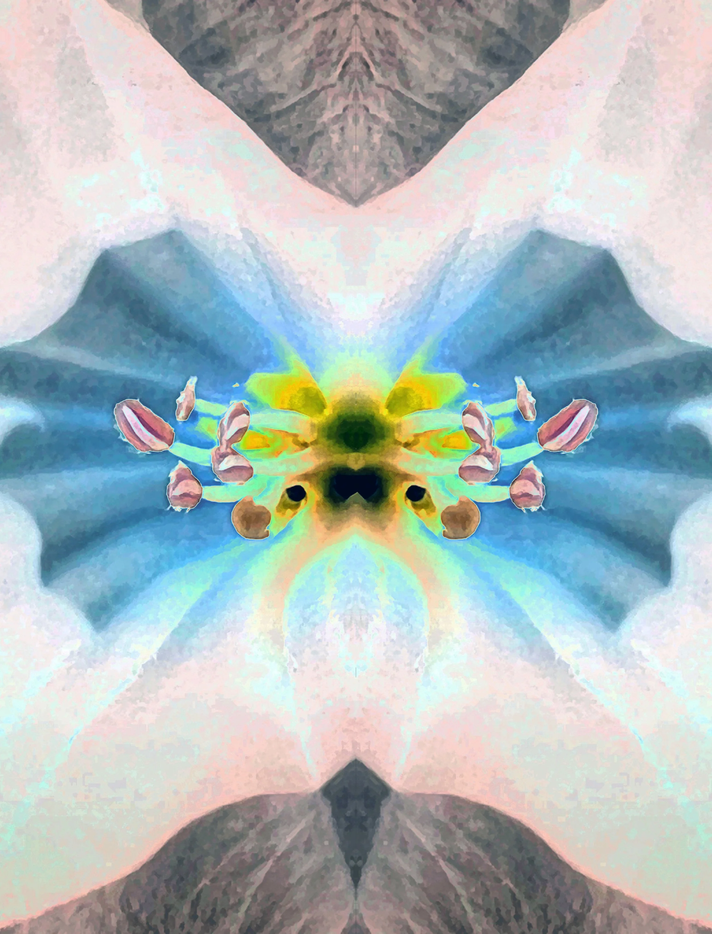 A symmetrical, abstract digital artwork with pastel colors, featuring a central bright area with yellow and green tones, surrounded by soft pink, blue, and purple hues, creating a kaleidoscopic effect.