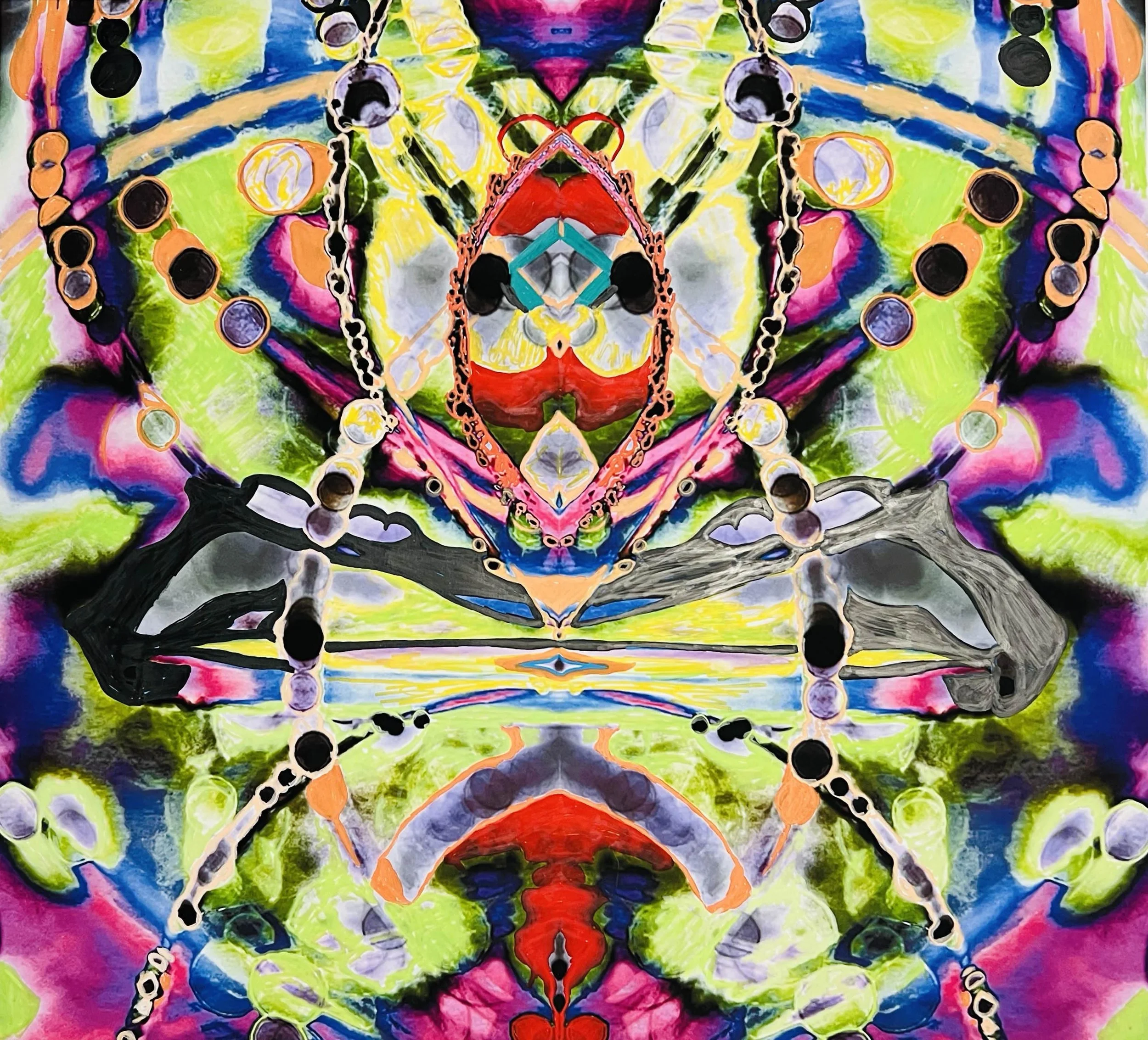 A colorful abstract painting with symmetrical patterns including black, yellow, pink, green, and blue hues. The design features floral and geometric shapes with vibrant, swirling colors.