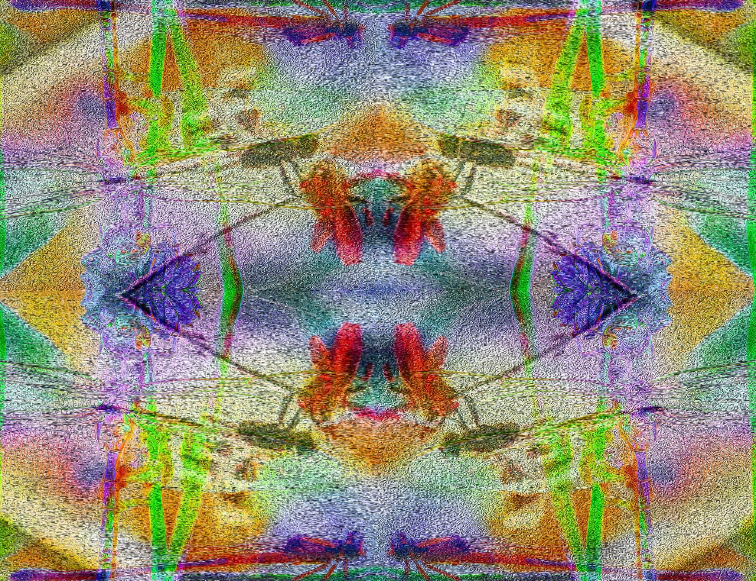 A digitally manipulated, colorful, and textured image resembling a lion while also including decorative floral patterns, with vibrant greens, purples, reds, and blues.