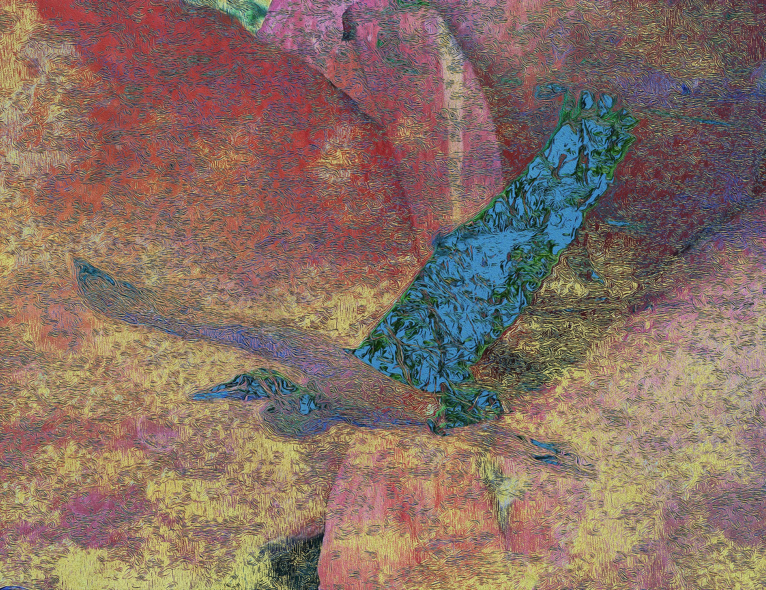 A heavily stylized, abstract image of a person sitting on a rock in a natural outdoor setting. The person has blue and green tones and appears to be resting or contemplating, surrounded by vibrant and textured warm colors.