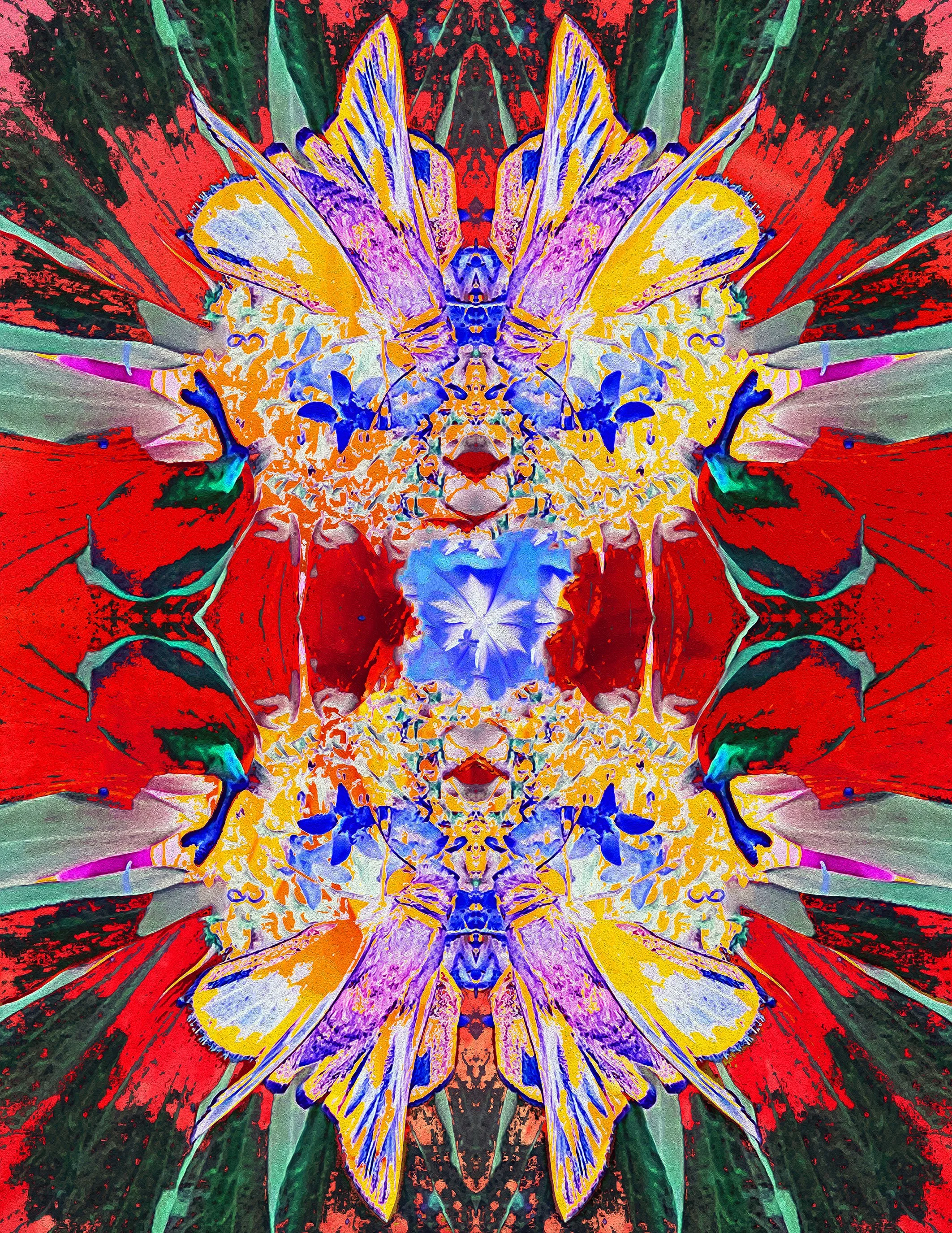 A digitally edited, colorful butterfly with vibrant yellow, purple, blue, green, and red hues, featuring symmetrical patterns and abstract background textures.
