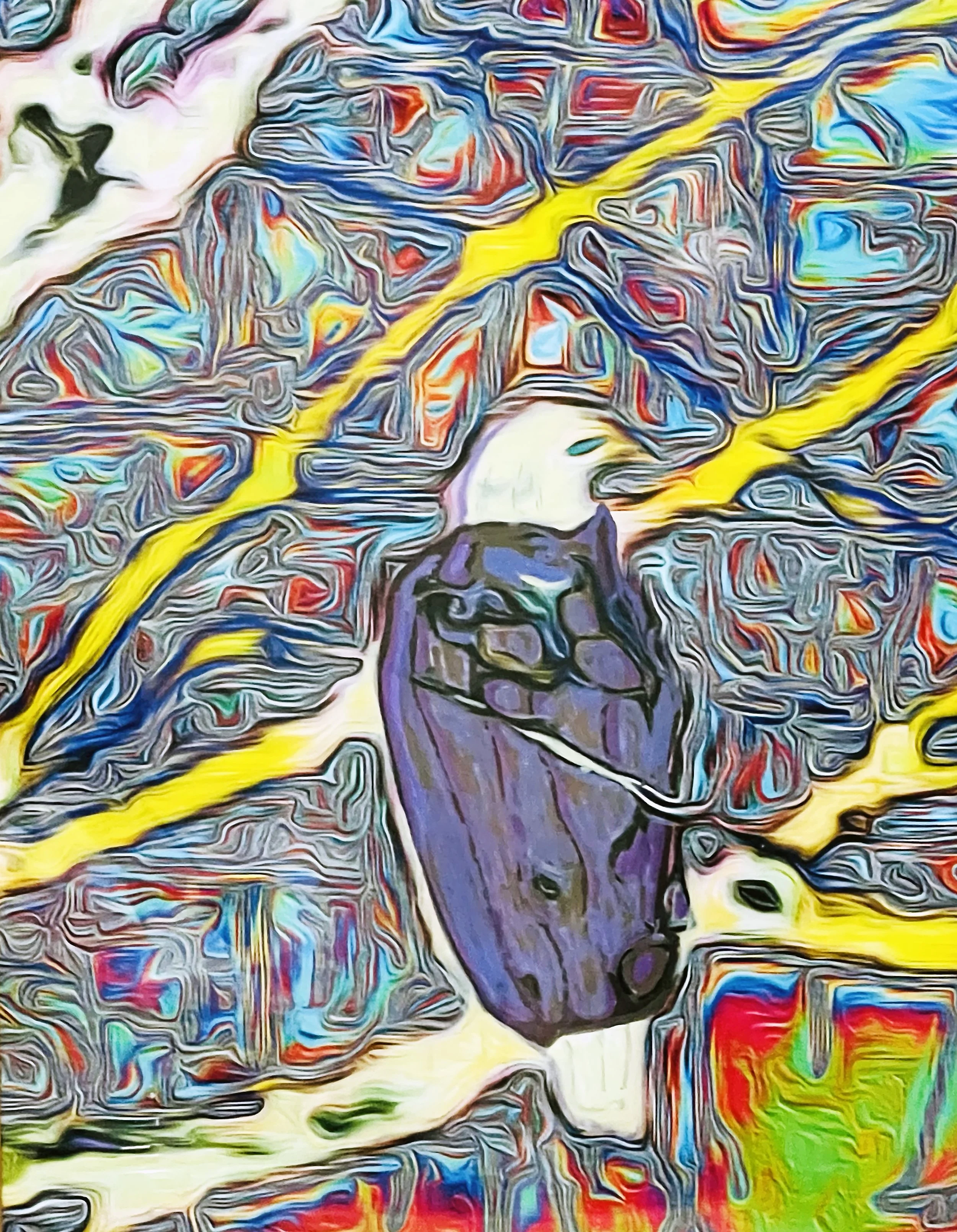 A person with white hair and a dark purple jacket stands in front of an abstract, colorful painting filled with swirling, vivid patterns in red, blue, yellow, green, and purple.