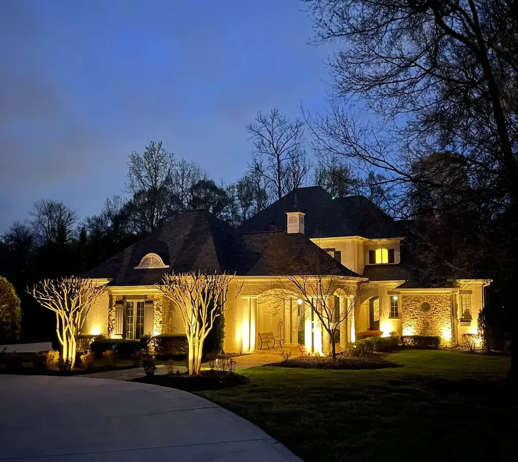 Uplighting highlights the architectural and landscape features of this home.