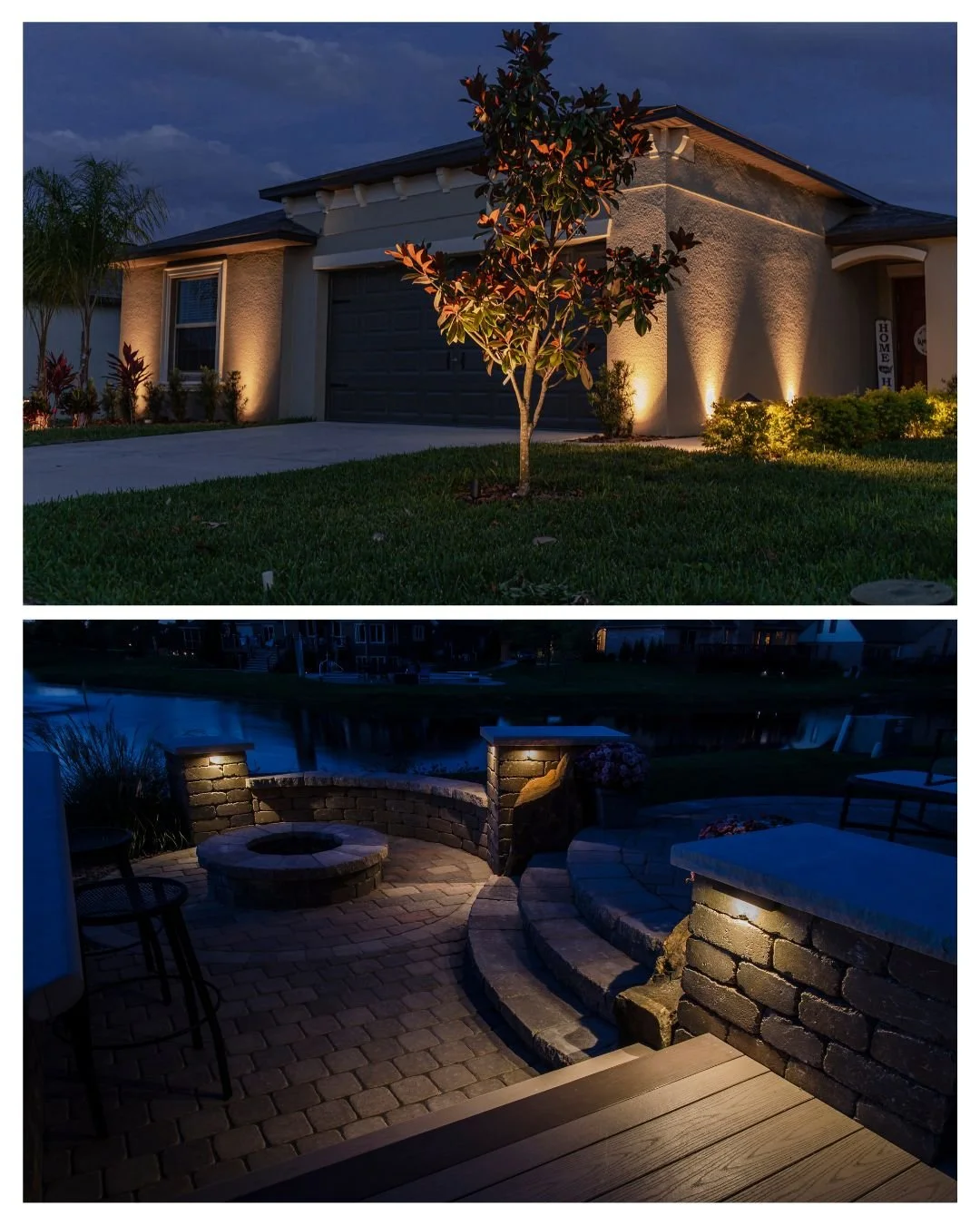 Design tip: the right lighting direction can completely change the mood of your outdoor space.
🌤 Uplighting adds drama and draws the eye upward — perfect for showcasing trees, columns, or architectural details.
🌙 Downlighting creates a soft