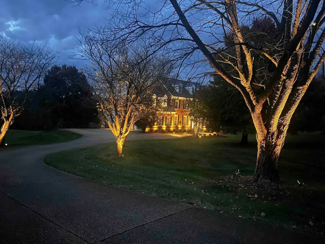 Driveway tree illumination aids in the approach to this country home on 10 acres.