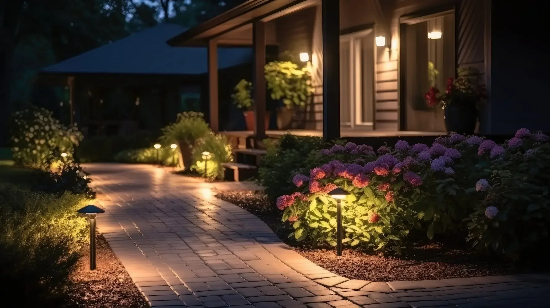 Professionally designed landscape lighting highlighting a front walkway, flowering shrubs, and entry path with warm, balanced illumination.