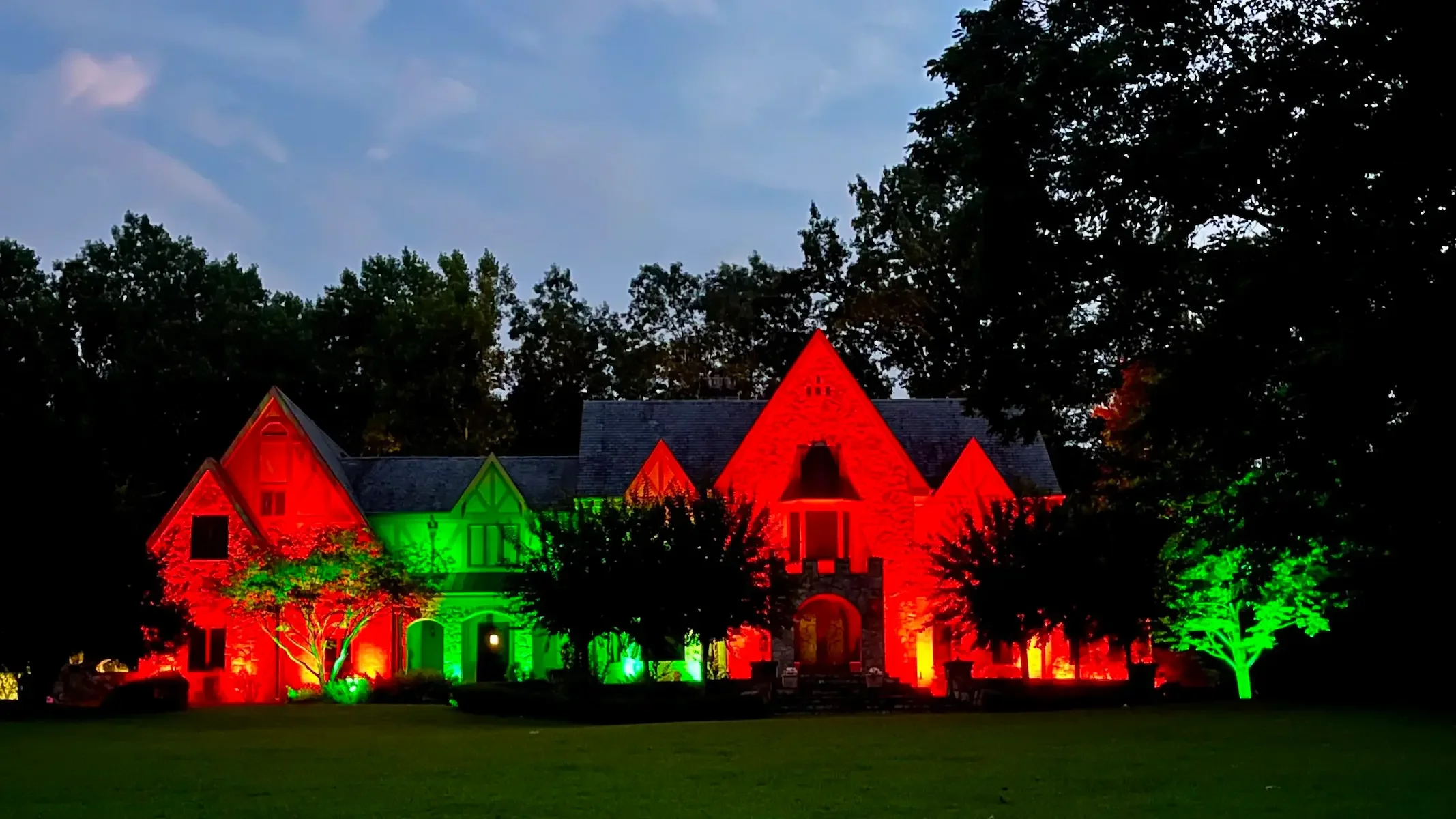 Red and green color-changing lights on Great Falls estate.