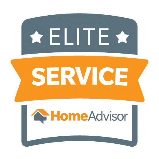 Badge with text reading 'Elite Service' and 'Home Advisor' logo awarded to Loudoun Lighting.