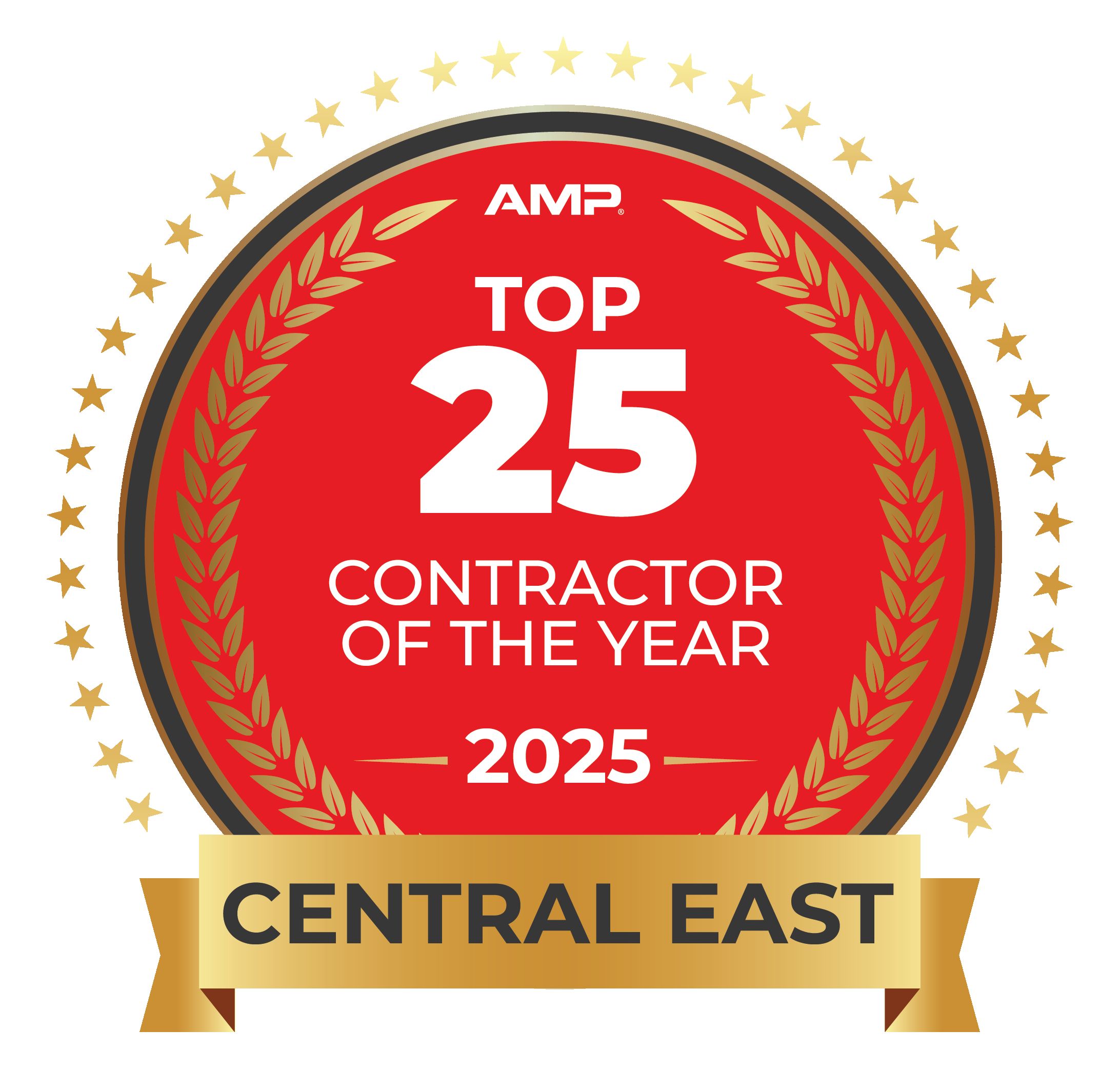 AMP award badge with a red circle, gold and black border, and gold laurel wreath design, recognizingL oudoun Lighitng as the top 25 contractor of the year for 2025 by AMP.
