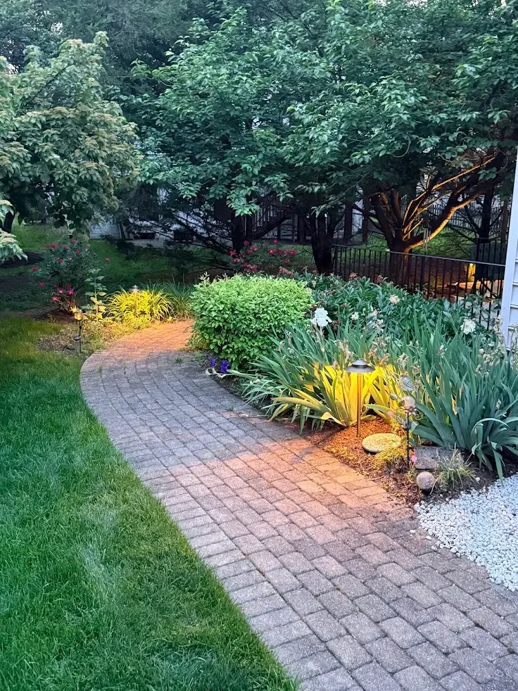 Curved garden pathway illuminated with warm LED path lights and softly lit planting beds creating safe, inviting nighttime landscape lighting.