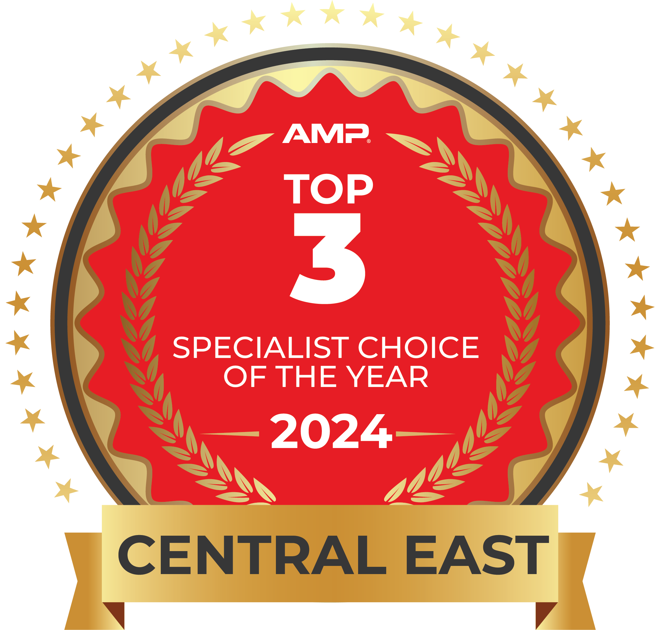 Gold and red award badge with laurel branches and stars, announcing Loudoun Lighting as the  'AMP Top 3 Specialist Choice of the Year 2024 Central East'.