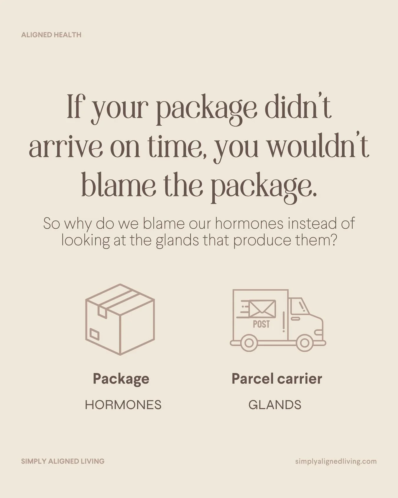 If your package didn&rsquo;t arrive on time, you wouldn&rsquo;t blame the package. 📦
 You&rsquo;d look at what happened with the delivery system&mdash;the person or process that sends it.

It&rsquo;s the same with your hormones.
 Hormones are messen