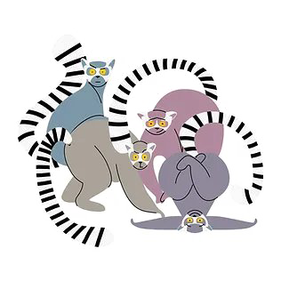 Abstract illustration of four cartoon lemurs with long striped tails on a white background.