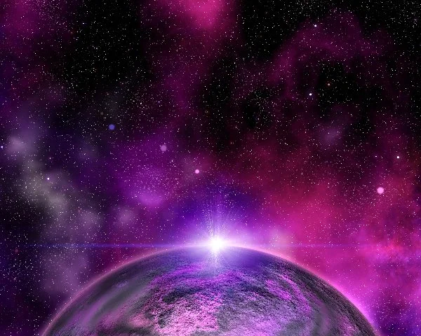 A vibrant purple space scene with a shining star above a planet's horizon, surrounded by stars and swirling nebulae.