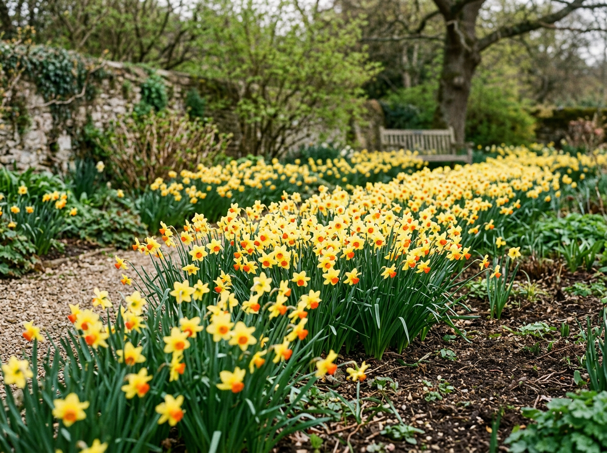 Daffodil yellow flowers, orange centers