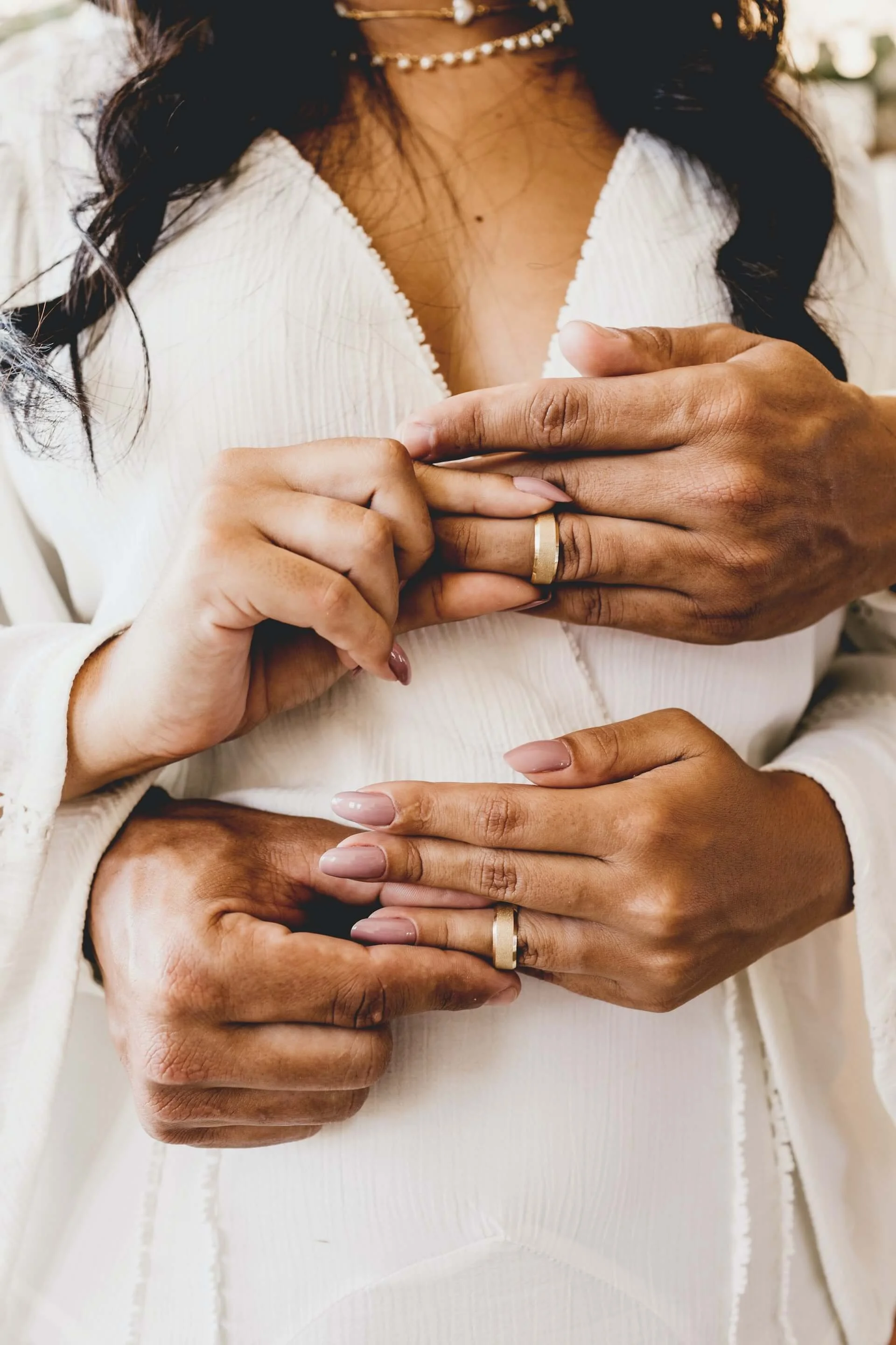 Wedding couple putting on wedding rings