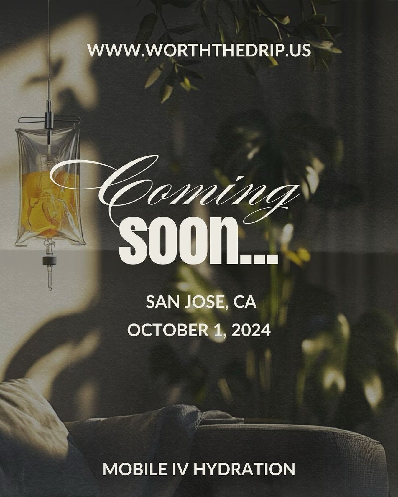 ATTENTION SAN JOSE, CA!
Starting October 1, 2024, we&rsquo;re bringing mobile IV hydration straight to your doorstep. Get ready to recharge, recover, and refresh with Worth the Drip! 
Visit www.worththedrip.us to learn more.
#comingsoon #ivtherapy #s