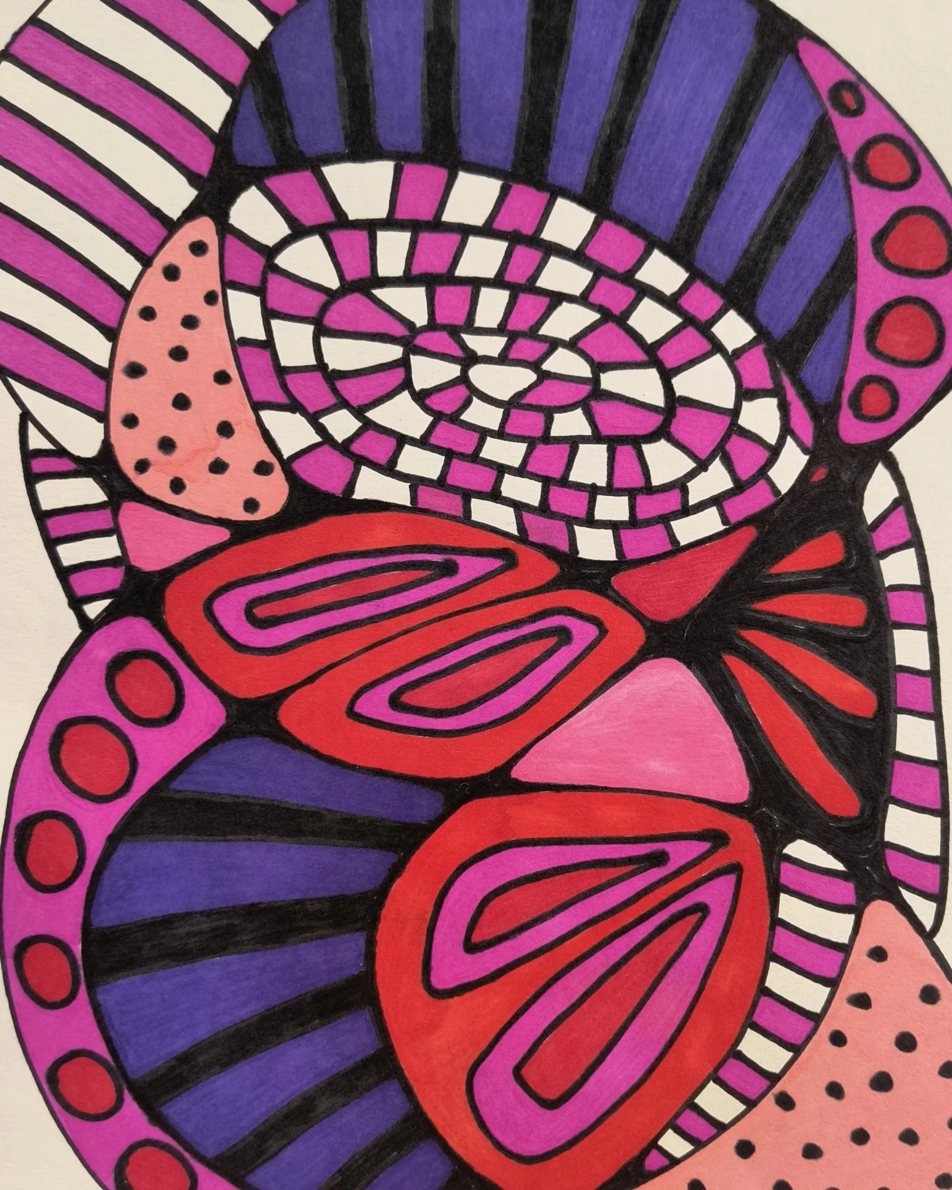Abstract illustration with swirling pink, red, purple, and white patterns outlined in black, resembling a stylized spiral or shell design.