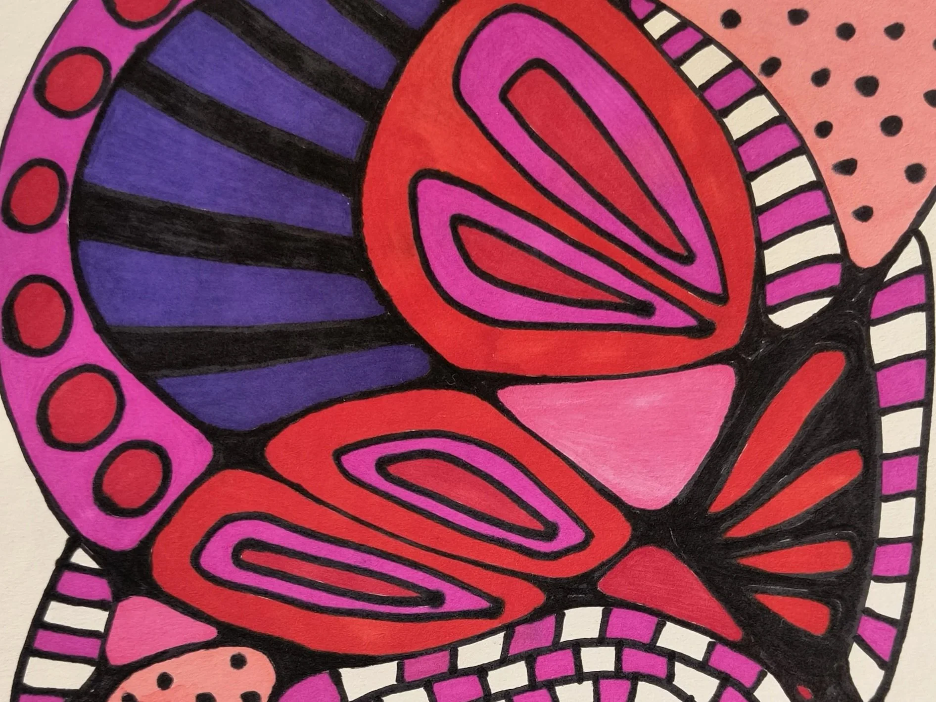 Colorful abstract artwork with bold black outlines, featuring pink, red, purple, peach, black, and white shapes and patterns.