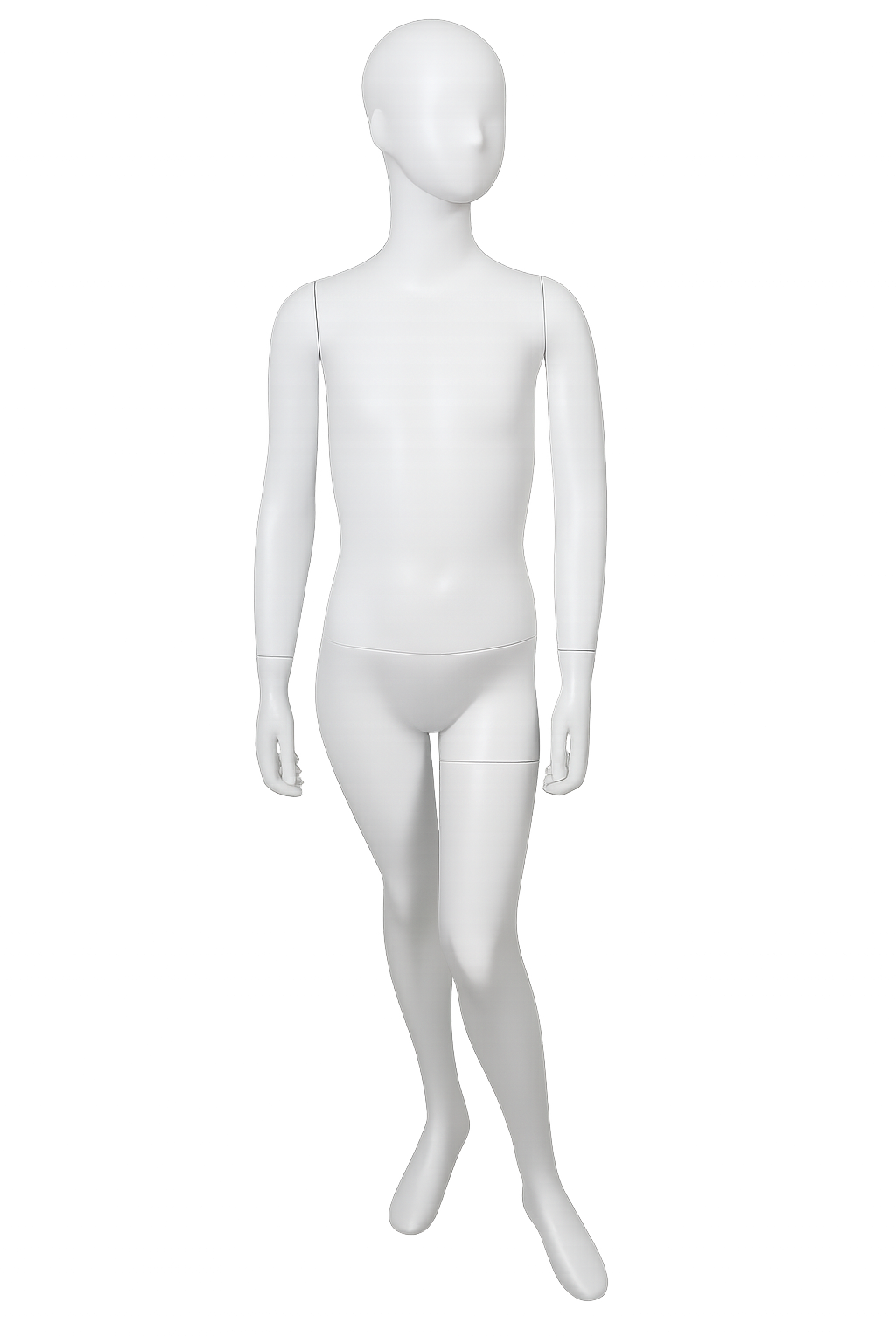A featureless white mannequin standing against a colorful digital light display background.