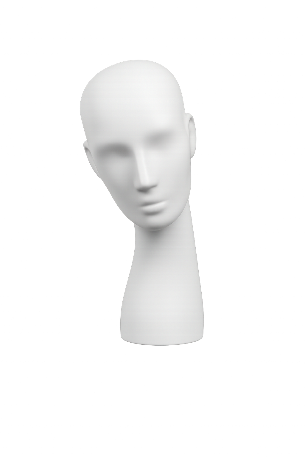 White mannequin head with smooth features, on a gray background, slightly tilted to the right.