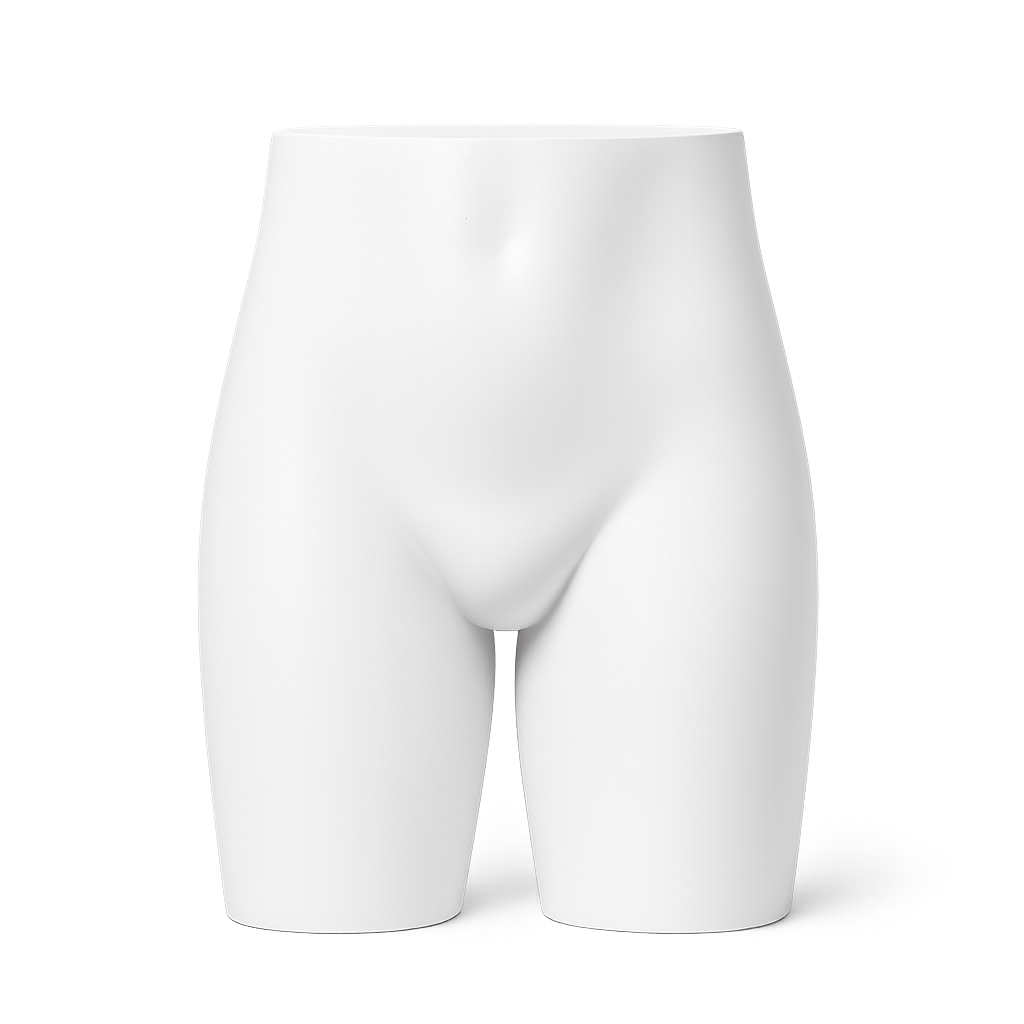 White mannequin lower torso and legs against a dark background.