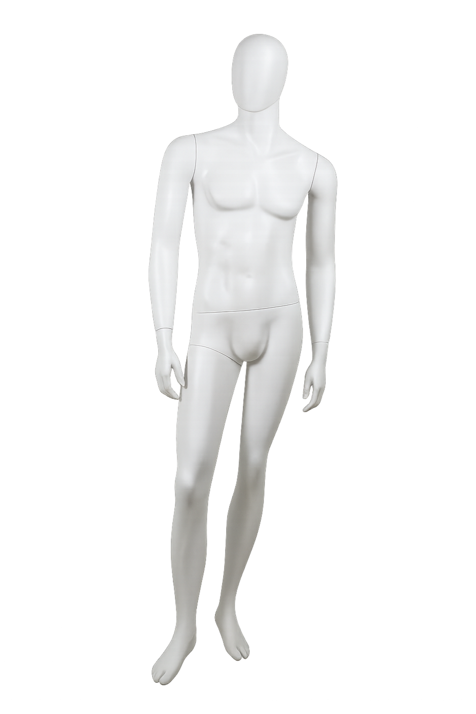 White female mannequin with a featureless face, standing upright with one arm relaxed and the other slightly bent, in a neutral pose.