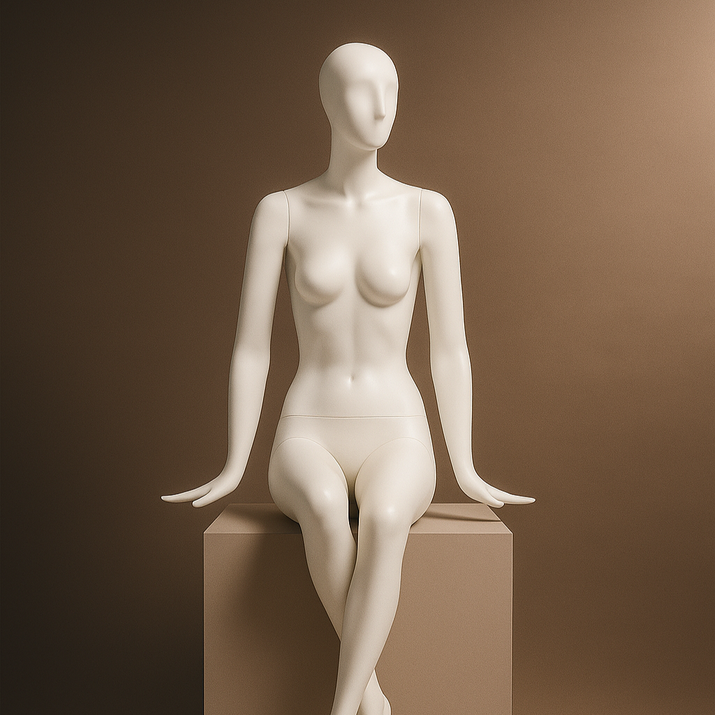 A white female mannequin seated on a beige cube against a plain brown background.