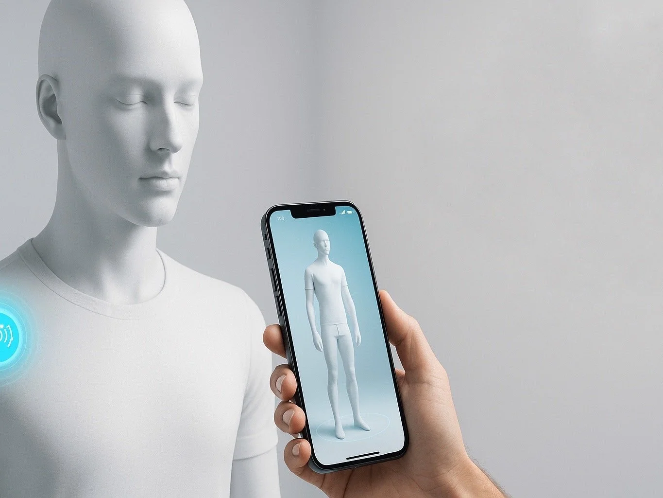 Person using a smartphone to view a 3D digital model of a humanoid figure on the screen, with the figure reflected in the device's camera.