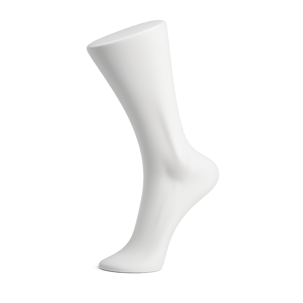 A white, minimalist, modern sculpture of a foot, set against a neutral gray background.