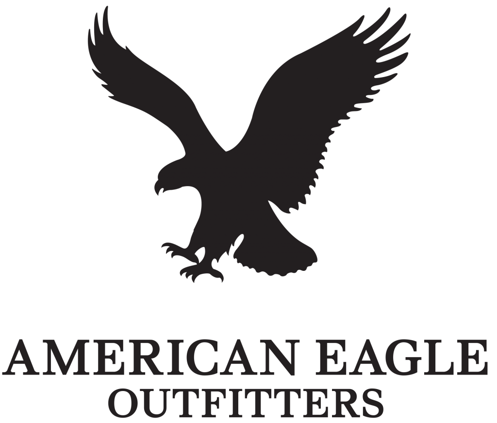 Black silhouette of an eagle with its wings spread, perched on the words "American Eagle Outfitters" in a stylish font.