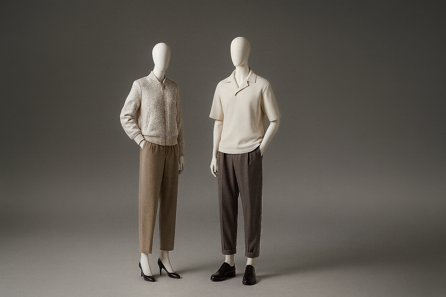 Two mannequins dressed in neutral-toned casual clothing stand against a gray background. One wears a beige textured jacket, brown trousers, and black high heels; the other wears a cream short-sleeved shirt, brown trousers, and black shoes.