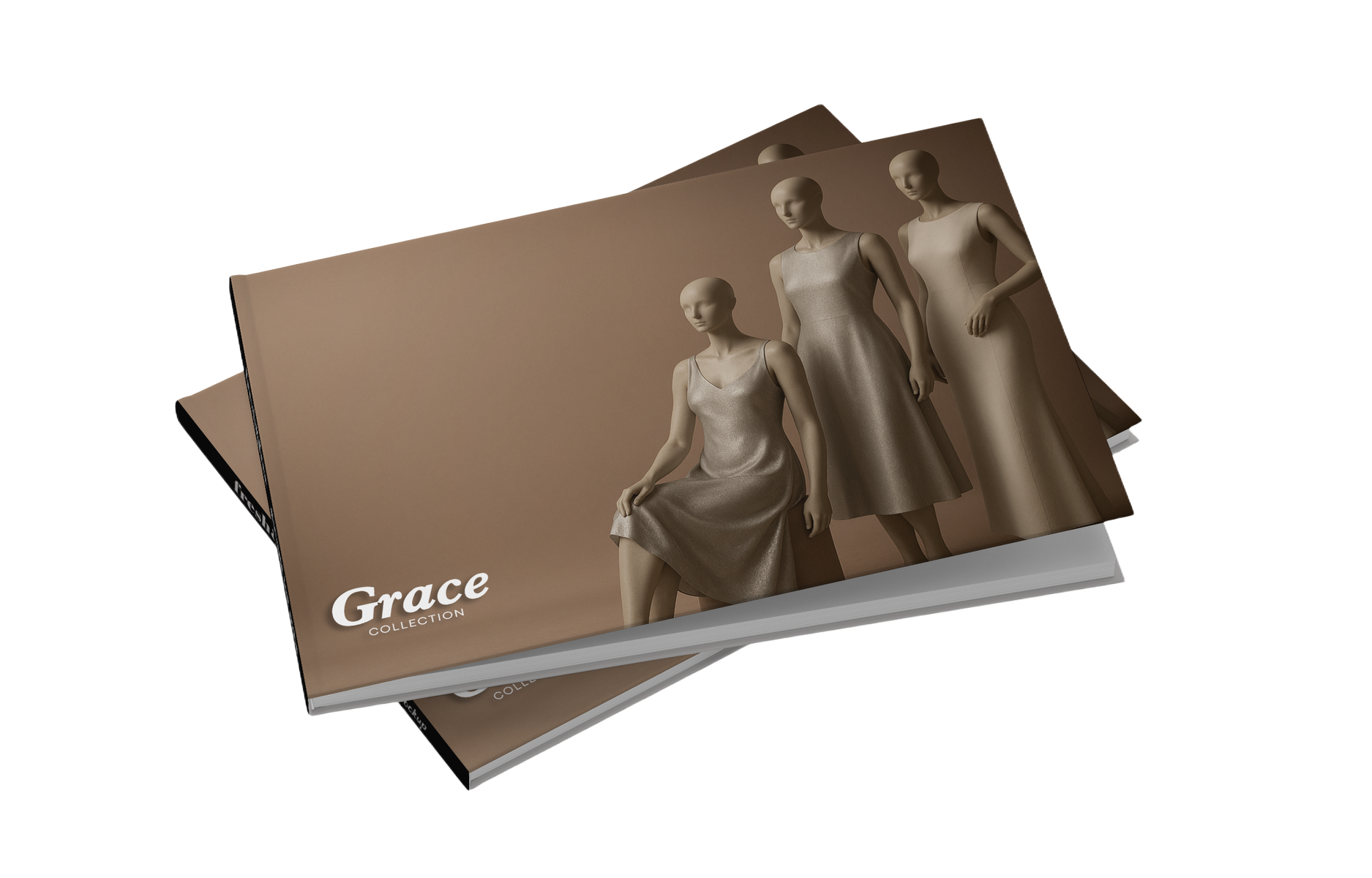 Fashion catalog titled 'Grace Collection' featuring three mannequins dressed in elegant, metallic-colored dresses.