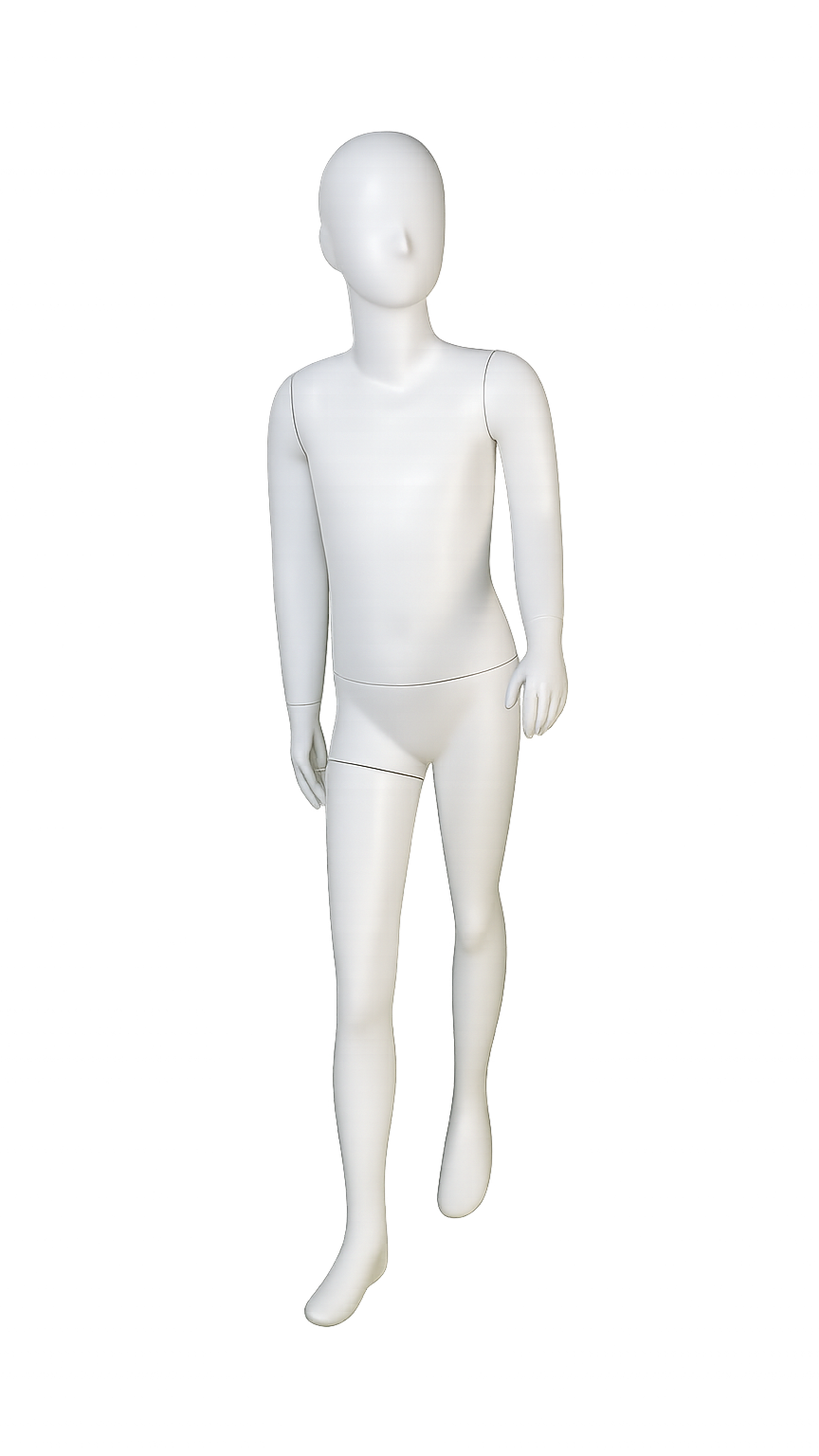 A blank, white, featureless mannequin standing on a runway with stage lights shining down from above.