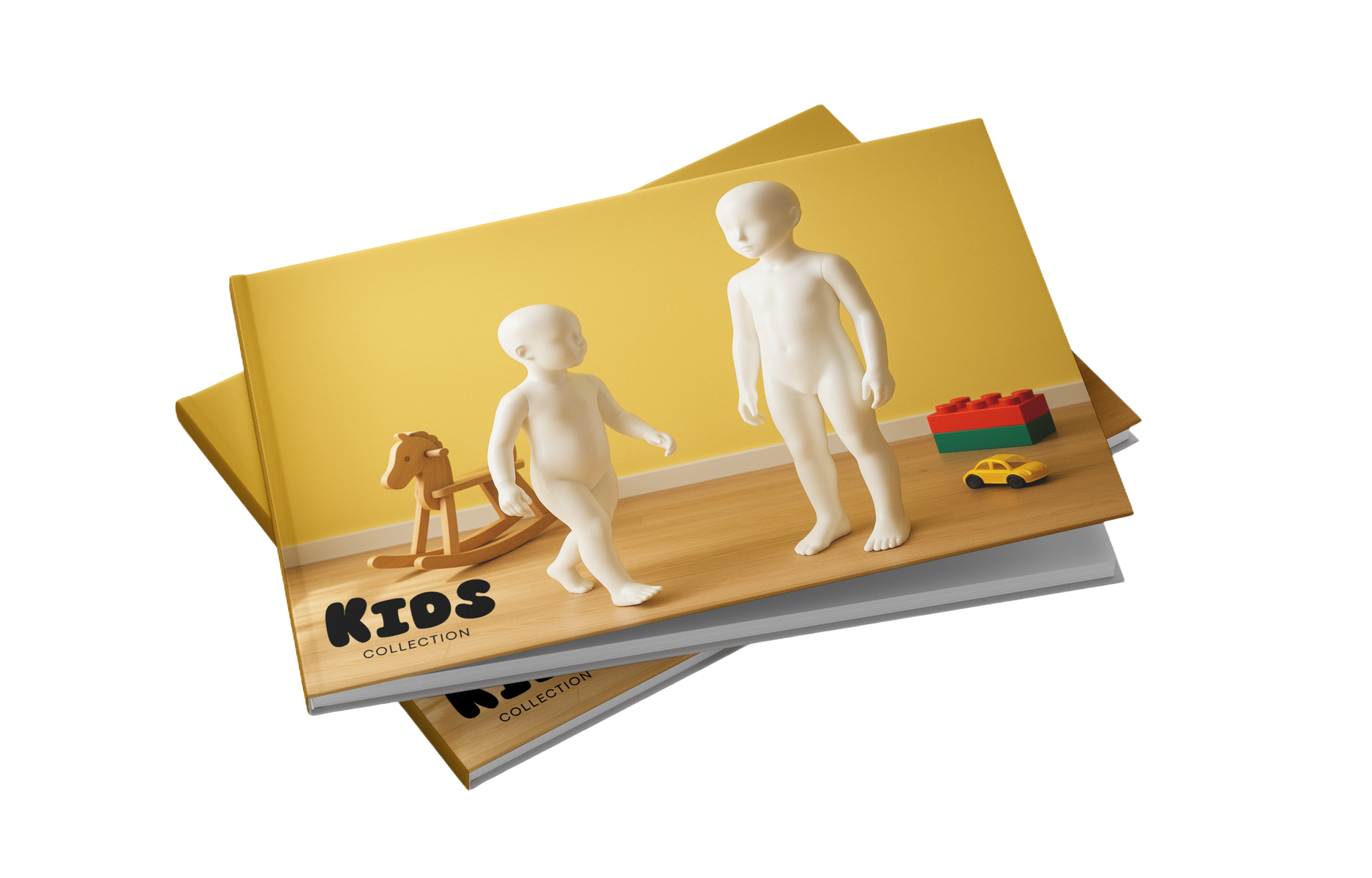 Photo of two mannequin children, one adult-sized and one toddler-sized, in a room with yellow walls and a wooden floor, surrounded by toys including a wooden rocking horse, a yellow toy car, and a toy building block, with the words "KIDS COLLECTION" on the cover.