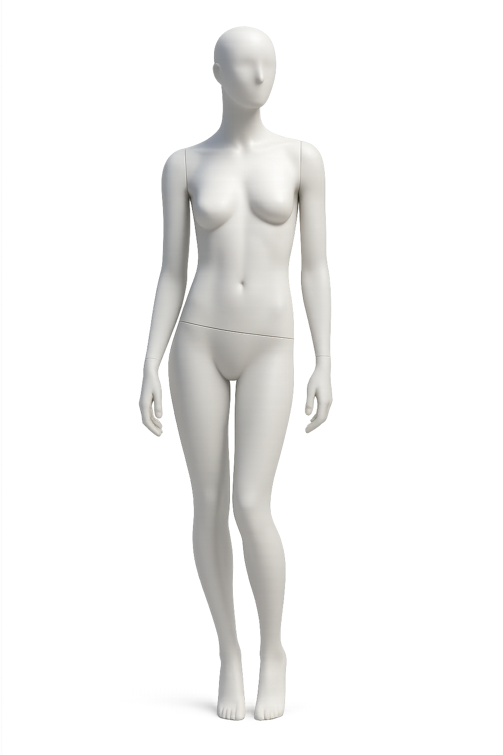 Gray-scale digital illustration of a female mannequin with smooth, featureless face and body, standing upright with arms relaxed at sides.