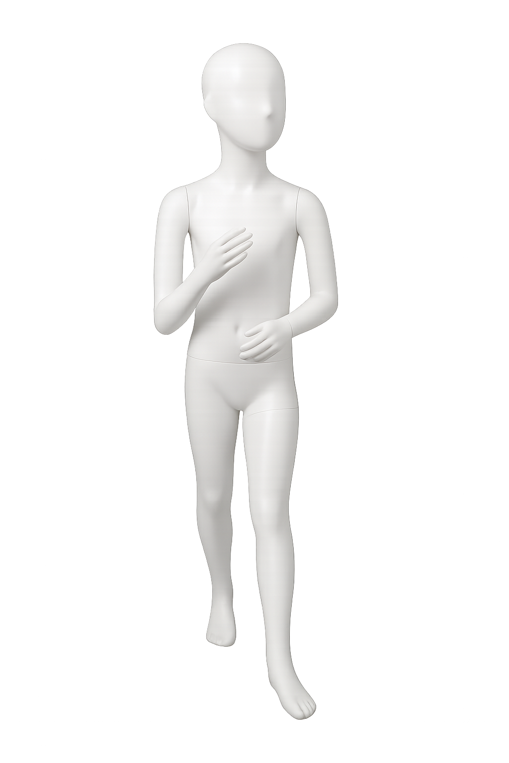 A white mannequin with no facial features, standing against a colorful light display background.