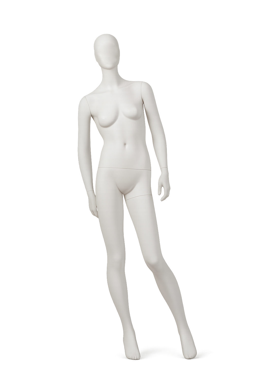 White female mannequin with no facial features, standing against a gray gradient background.