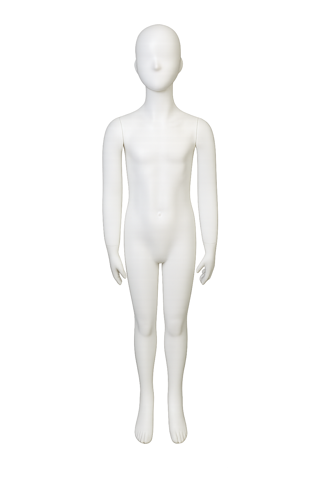 White mannequin with no clothing standing upright against a colorful, illuminated background.