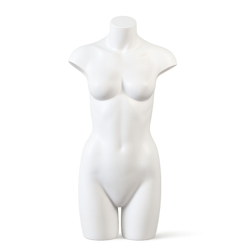 White female mannequin torso on gray background