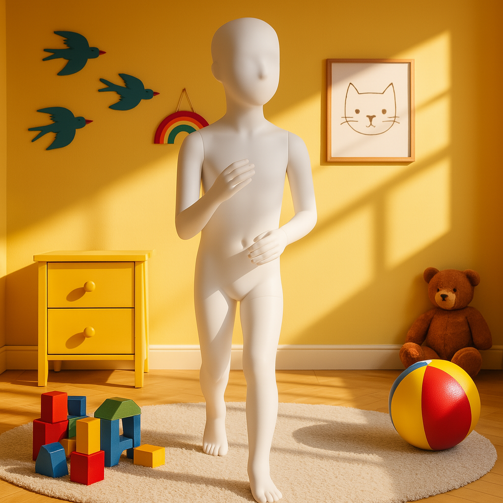 Empty mannequin standing in a children's playroom with yellow walls, colorful wooden blocks on a white rug, a teddy bear, a beach ball, wall decorations, and framed cat drawing.