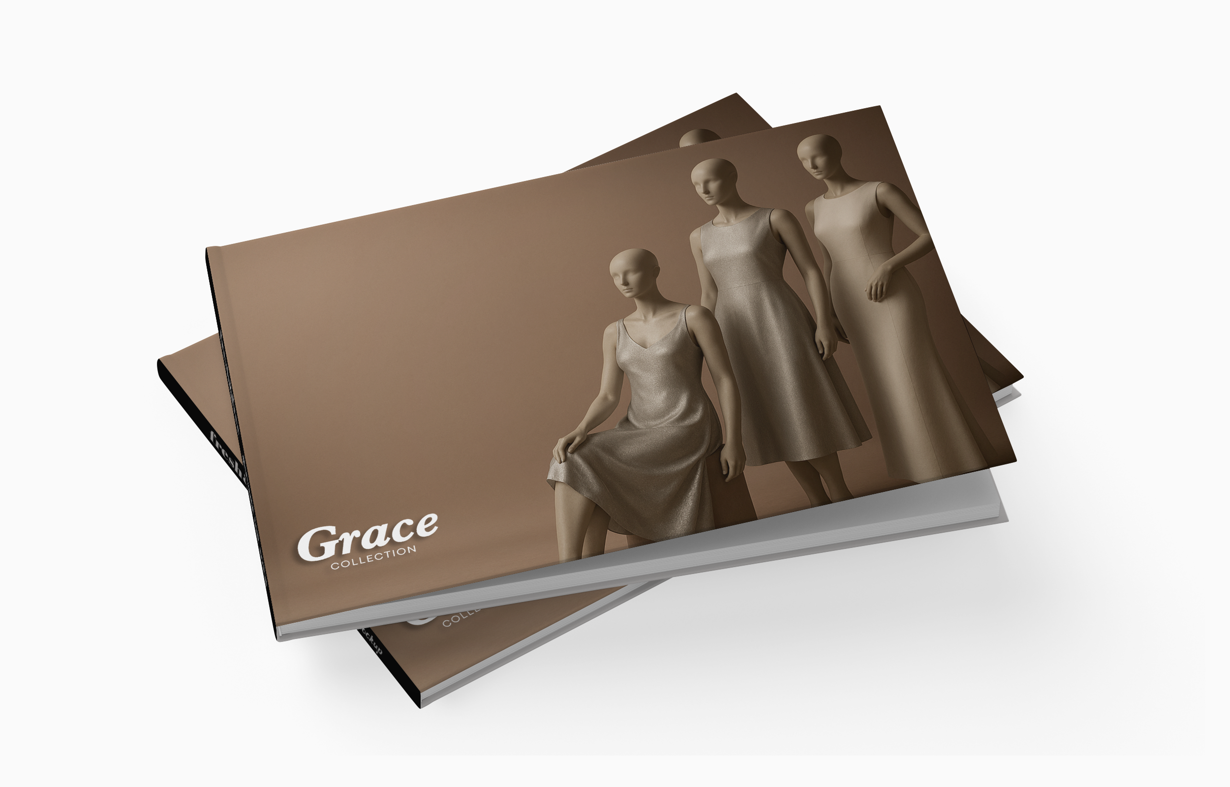 A catalog or magazine titled "Grace Collection" featuring three mannequins dressed in elegant dresses, set against a neutral beige background.